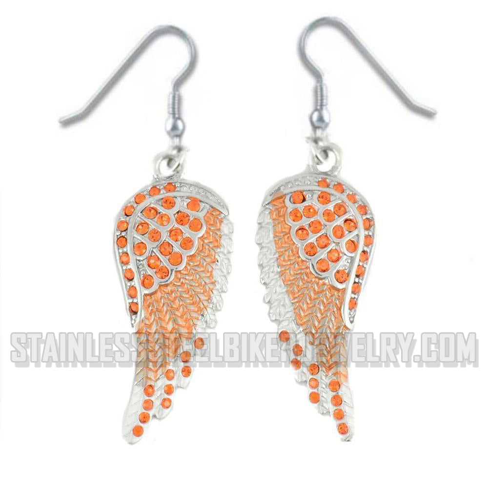 Heavy Metal Jewelry Ladies Bling Orange Wings French Wire Earrings Stainless Steel