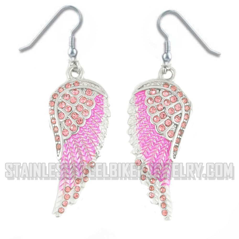 Heavy Metal Jewelry Ladies Bling Pink Wings French Wire Earrings Stainless Steel