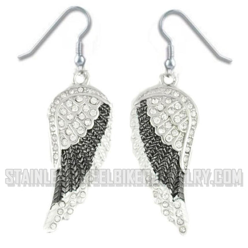 Biker Jewelry Motorcycle Ladies Black Bling Wings French Wire Earrings Stainless Steel SE67