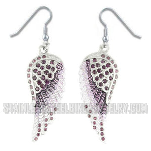 Heavy Metal Jewelry Ladies Bling Purple Wings French Wire Earrings Stainless Steel
