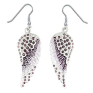 Ladies Large Silver/Purple Bling Angel Wing Dangle Earrings French Wires Stainless Steel SE68