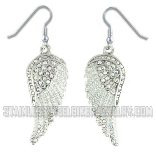 Heavy Metal Jewelry Ladies Bling White Wings French Wire Earrings Stainless Steel