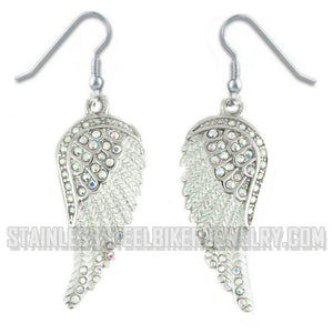 Heavy Metal Jewelry Ladies Bling White Wings French Wire Earrings Stainless Steel