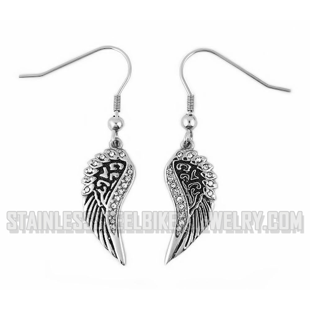 Heavy Metal Jewelry Ladies Bling Angel Wing French Wire Earrings Stainless Steel