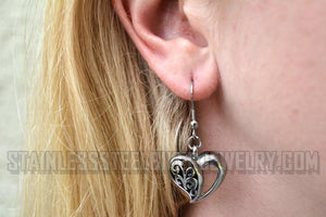 Heavy Metal Jewelry Ladies Dangle Heart French Wire Earrings Stainless Steel