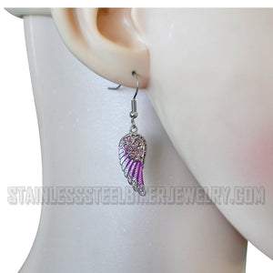 Heavy Metal Jewelry Ladies Bling Pink Wings French Wire Mini Earrings Stainless Steel