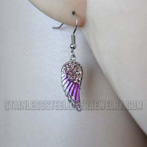Heavy Metal Jewelry Ladies Bling Pink Wings French Wire Mini Earrings Stainless Steel