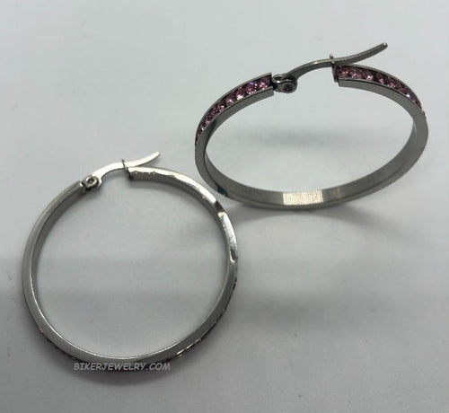 Ladies Hoop Earrings Pink Crystals 30mm or 40mm Stainless Steel