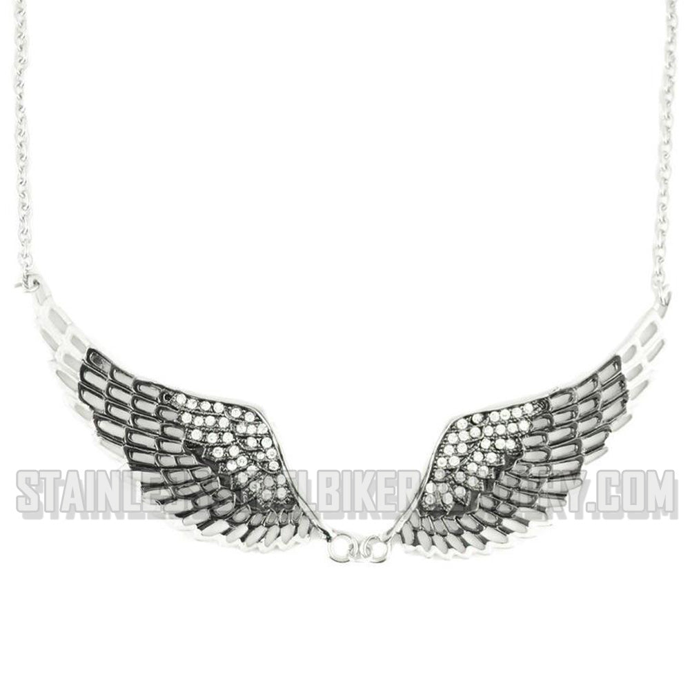 Heavy Metal Jewelry Ladies Black Bling Angel Wing Pendant Necklace Stainless Steel