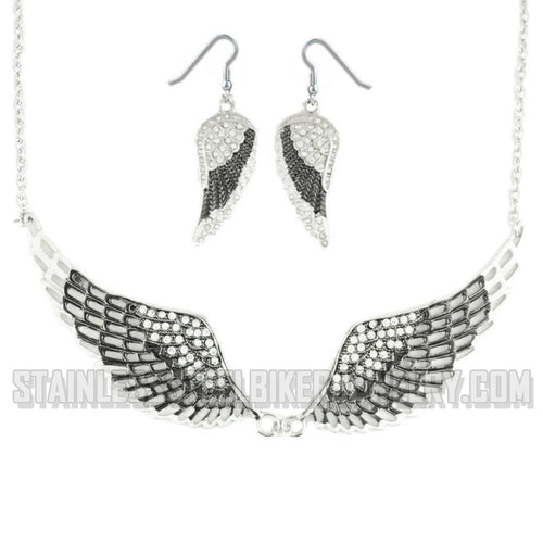 Heavy Metal Jewelry Ladies Black Bling Angel Wing Pendant Necklace/Earring Set Stainless Steel