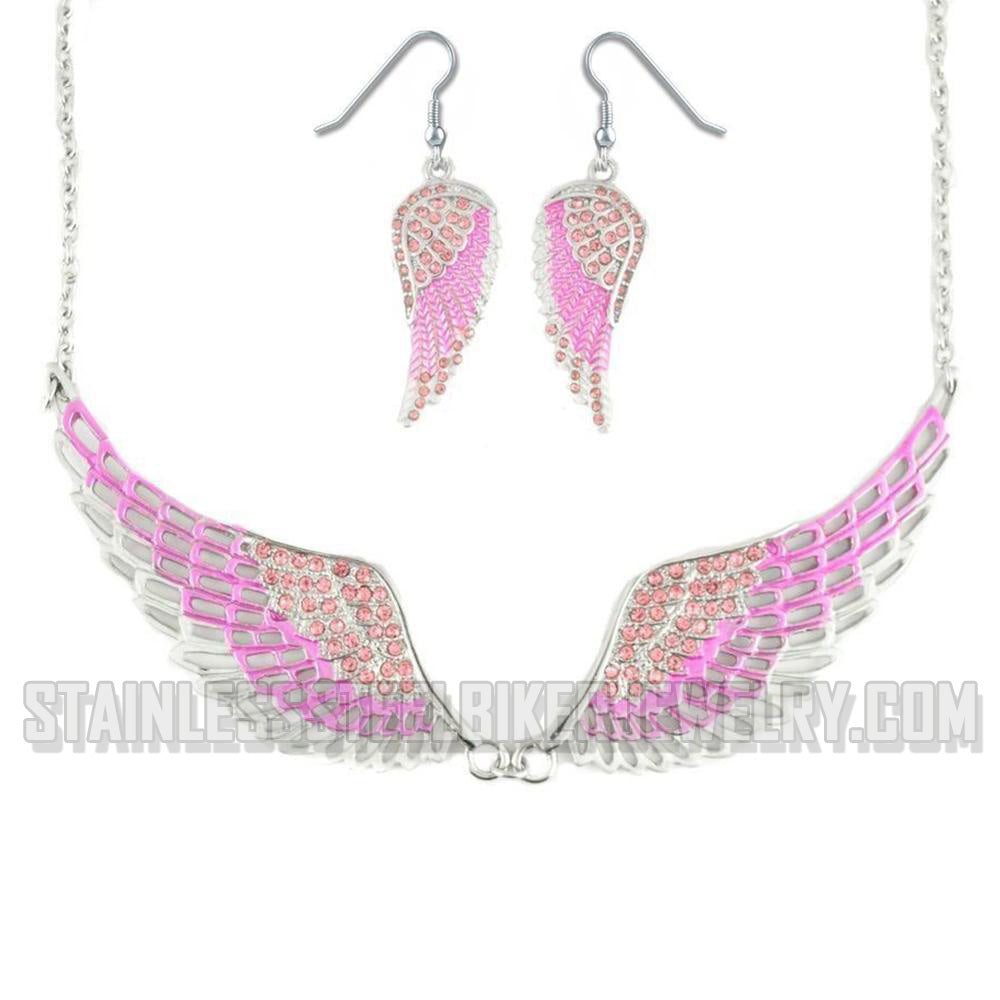 Heavy Metal Jewelry Ladies Pink Bling Angel Wing Pendant Necklace/Earring Set Stainless Steel