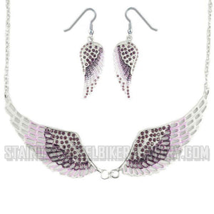 Heavy Metal Jewelry Ladies Purple Bling Angel Wing Pendant Necklace/Earring Set Stainless Steel
