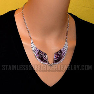 Heavy Metal Jewelry Ladies Purple Bling Angel Wing Pendant Necklace/Earring Set Stainless Steel