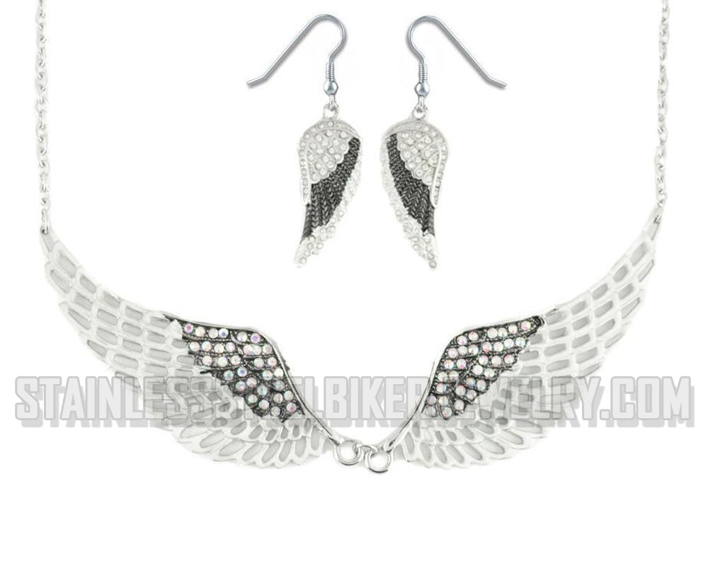 Heavy Metal Jewelry Ladies White Bling Angel Wing Pendant Necklace/Earring Set Stainless Steel