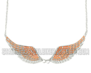Heavy Metal Jewelry Ladies Orange Bling Angel Wing Pendant Necklace/Earring Set Stainless Steel