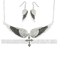 Heavy Metal Jewelry Ladies Black Bling Angel Wing Cross Pendant Necklace/Earrin/g Set Stainless Stee SP2242C