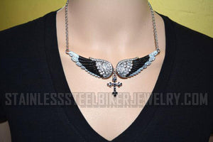 Heavy Metal Jewelry Ladies Black Bling Angel Wing Cross Pendant Necklace/Earring Set Stainless Steel