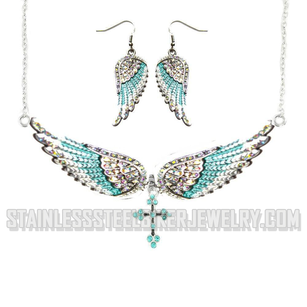 Heavy Metal Jewelry Ladies Turquoise Bling Angel Wing Cross Pendant Necklace/Earring Set Stainless Steel
