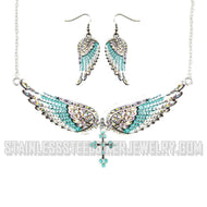 Heavy Metal Jewelry Ladies Turquoise Bling Angel Wing Cross Pendant Necklace/Earring Set Stainless Steel SP2244C