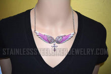 Load image into Gallery viewer, Biker Jewelry Ladies Large Pink Bling Angel Wing Cross Pendant Necklace Stainless Steel