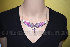 Biker Jewelry Ladies Large Pink Bling Angel Wing Cross Pendant Necklace Stainless Steel