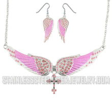 Load image into Gallery viewer, Heavy Metal Jewelry Ladies Pink Bling Angel Wing Cross Pendant Necklace/Earring Set Stainless Steel