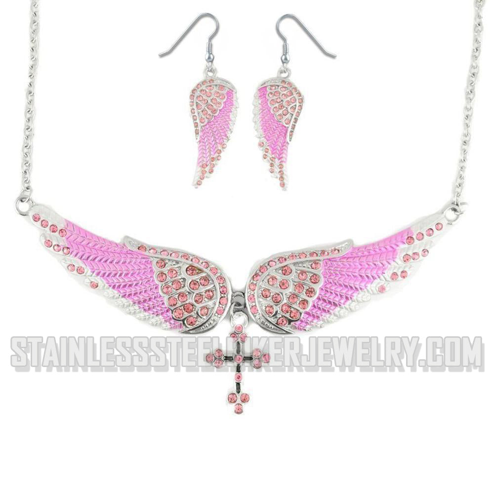 Heavy Metal Jewelry Ladies Pink Bling Angel Wing Cross Pendant Necklace/Earring Set Stainless Steel
