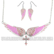 Heavy Metal Jewelry Ladies Pink Bling Angel Wing Cross Pendant Necklace/Earring Set Stainless Steel SP2245C