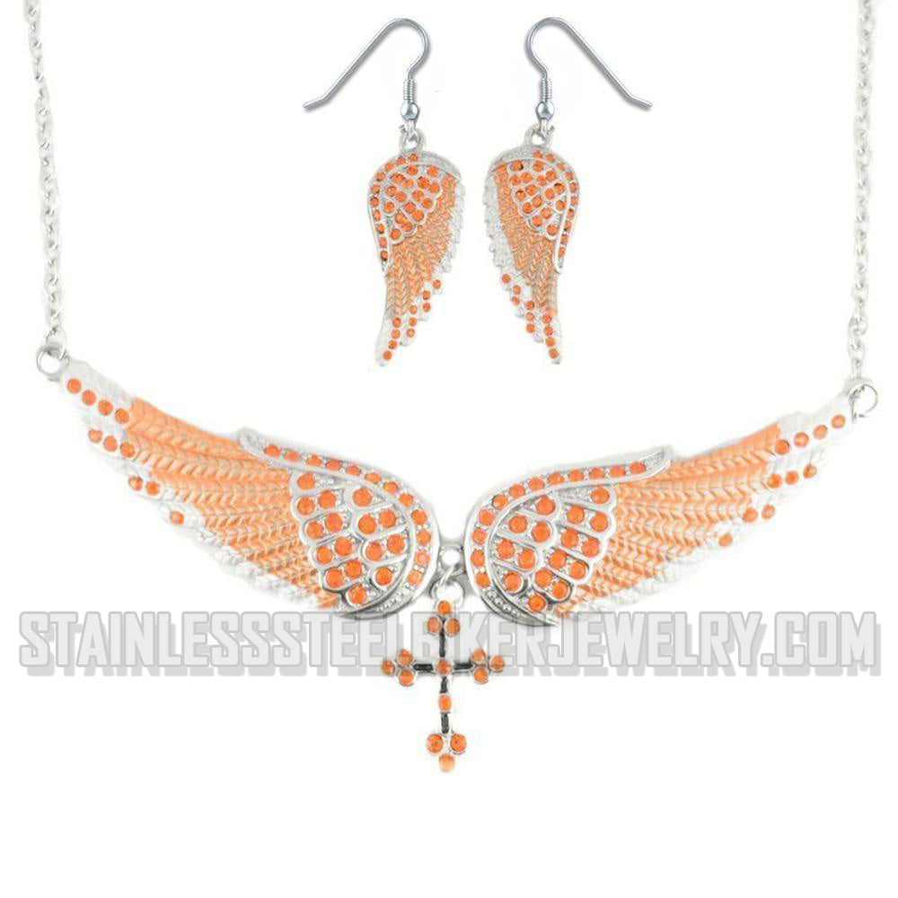Heavy Metal Jewelry Ladies Orange Bling Angel Wing Cross Pendant Necklace/Earring Set Stainless Steel