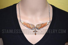 Load image into Gallery viewer, Heavy Metal Jewelry Ladies Orange Bling Angel Wing Cross Pendant Necklace/Earring Set Stainless Steel