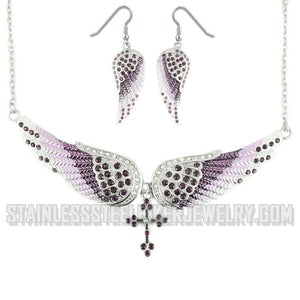 Heavy Metal Jewelry Ladies Purple Bling Angel Wing Cross Pendant Necklace/Earring Set Stainless Steel