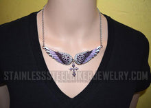 Load image into Gallery viewer, Heavy Metal Jewelry Ladies Purple Bling Angel Wing Cross Pendant Necklace/Earring Set Stainless Steel