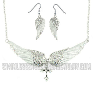 Heavy Metal Jewelry Ladies White Bling Angel Wing Cross Pendant Necklace/Earring Set Stainless Steel