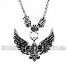 Load image into Gallery viewer, Heavy Metal Jewelry Ladies Black Bling Open Wing Fleur De Lis Pendant Necklace Stainless Steel