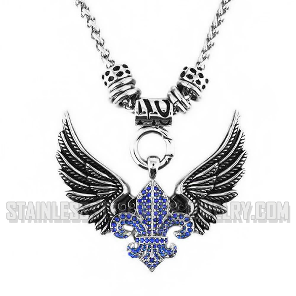 Heavy Metal Jewelry Ladies Blue Bling Open Wing Fleur De Lis Pendant Necklace Stainless Steel