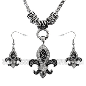 Heavy Metal Jewelry Ladies Black Fleur De Lis Pendant Necklace Matching Earrings Set Stainless Steel