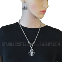 Load image into Gallery viewer, Heavy Metal Jewelry Ladies Black Fleur De Lis Pendant Necklace Matching Earrings Set Stainless Steel