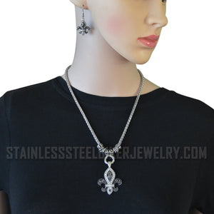 Heavy Metal Jewelry Ladies Black Fleur De Lis Pendant Necklace Matching Earrings Set Stainless Steel
