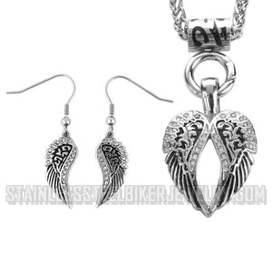 Heavy Metal Jewelry Ladies Angel Wing Heart Pendant Necklace Matching Earrings Set Stainless Steel