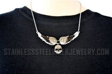 Load image into Gallery viewer, Heavy Metal Jewelry Ladies Black Bling Angel Wing Willie G Skull Pendant Necklace Stainless Steel