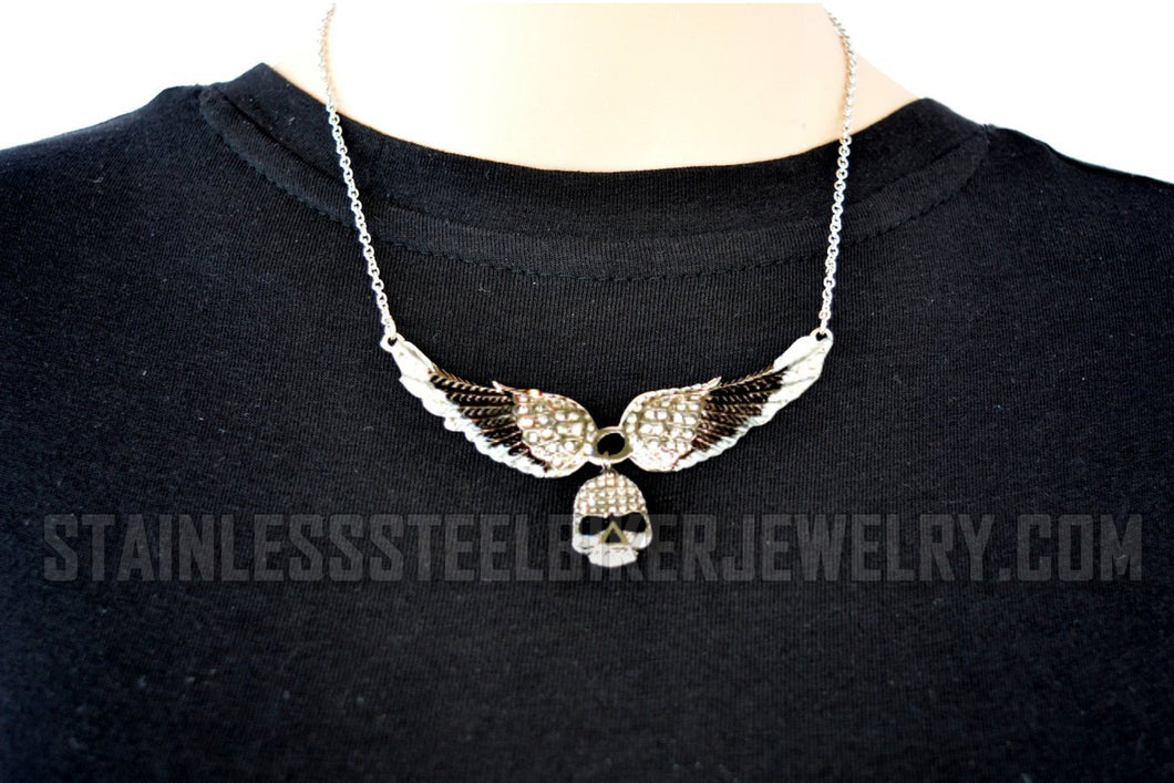 Heavy Metal Jewelry Ladies Black Bling Angel Wing Willie G Skull Pendant Necklace Stainless Steel