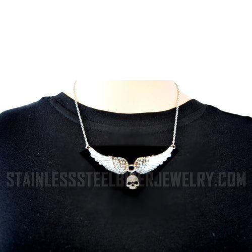 Heavy Metal Jewelry Ladies White Bling Angel Wing Willie G Skull Pendant Necklace Stainless Steel