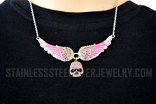 Load image into Gallery viewer, Heavy Metal Jewelry Ladies Pink Bling Angel Wing Willie G Skull Pendant Necklace Stainless Steel