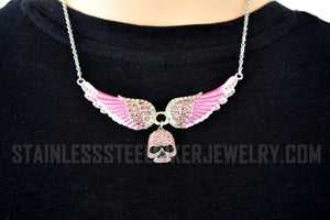 Heavy Metal Jewelry Ladies Pink Bling Angel Wing Willie G Skull Pendant Necklace Stainless Steel