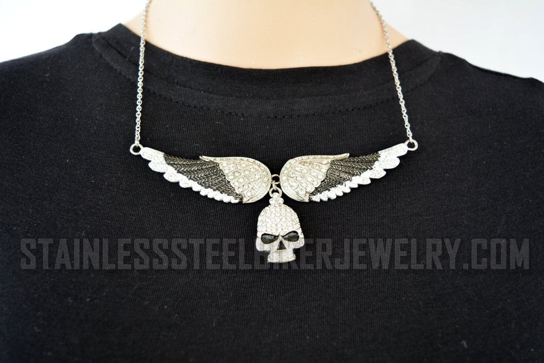 Heavy Metal Jewelry Ladies Black Bling Angel Wing Willie G Large Skull Pendant Necklace Stainless Steel