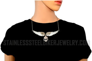 Heavy Metal Jewelry Ladies White Bling Angel Wing Willie G Skull Large Pendant Necklace Stainless Steel