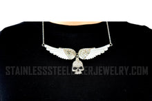 Load image into Gallery viewer, Heavy Metal Jewelry Ladies White Bling Angel Wing Willie G Skull Large Pendant Necklace Stainless Steel