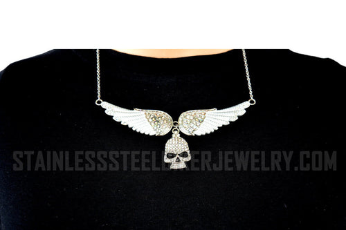 Heavy Metal Jewelry Ladies White Bling Angel Wing Willie G Skull Large Pendant Necklace Stainless Steel