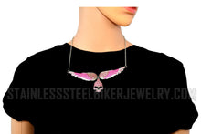 Load image into Gallery viewer, Heavy Metal Jewelry Ladies Pink Bling Willie G Skull Angel Wing Large Pendant Necklace Stainless Steel