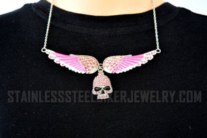 Heavy Metal Jewelry Ladies Pink Bling Willie G Skull Angel Wing Large Pendant Necklace Stainless Steel